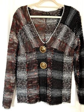 VTG Gizel Y2K Women L/XL  Cardigan Brown  Boho Festival Brass Buttons Frayed